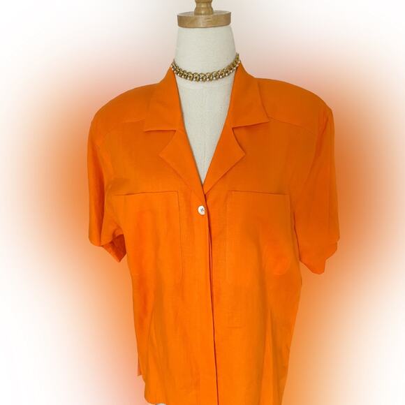 Vintage 90s Liz Claiborne 100% linen orange button-down safari blouse size XL - Picture 9 of 9